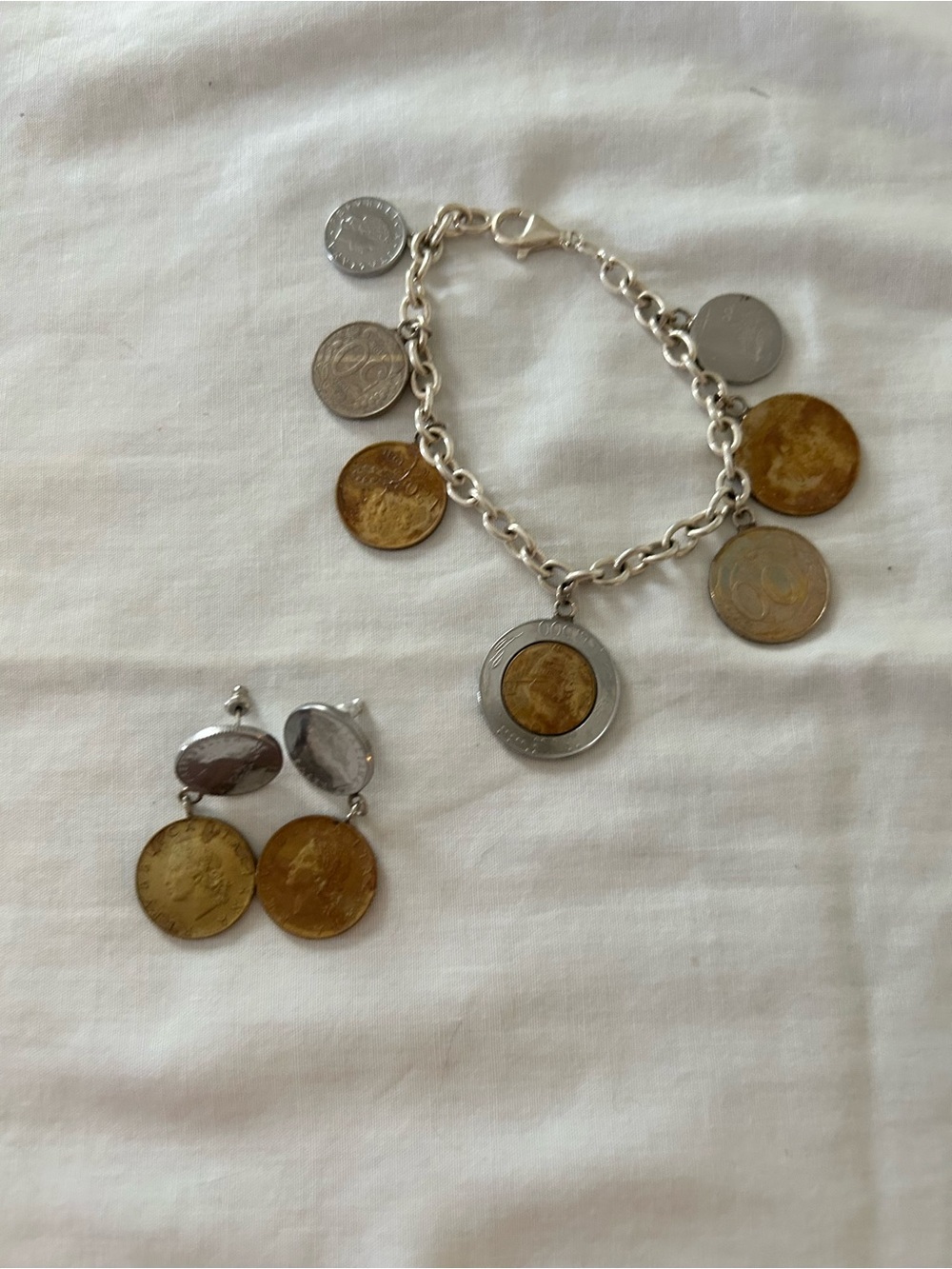 Vintage Italian 20 Lire Coin Jewelry Set /Pierced Earrings/8” Bracelet